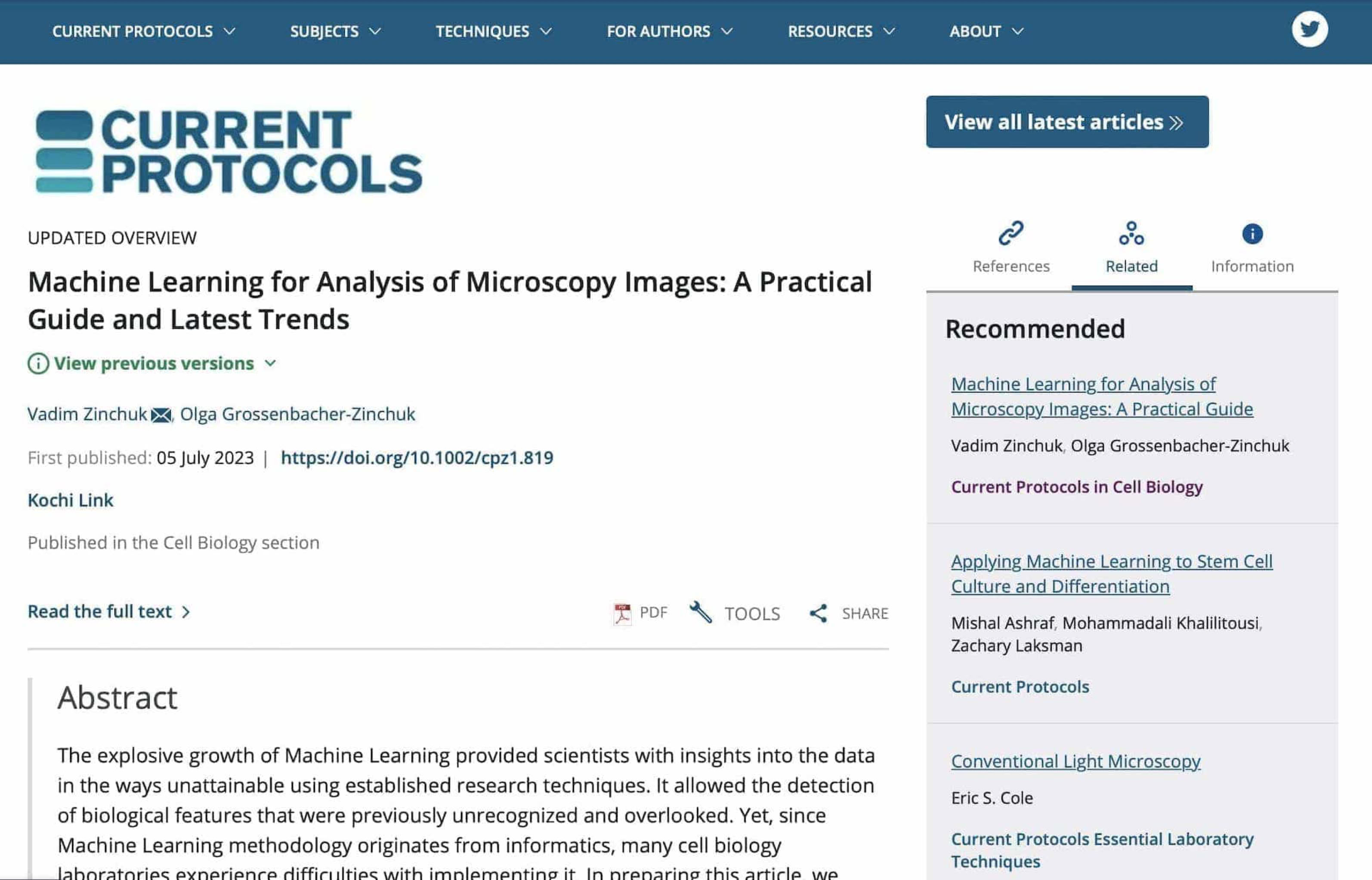 Machine Learning for Microscopy Image Analysis Article Screenshot